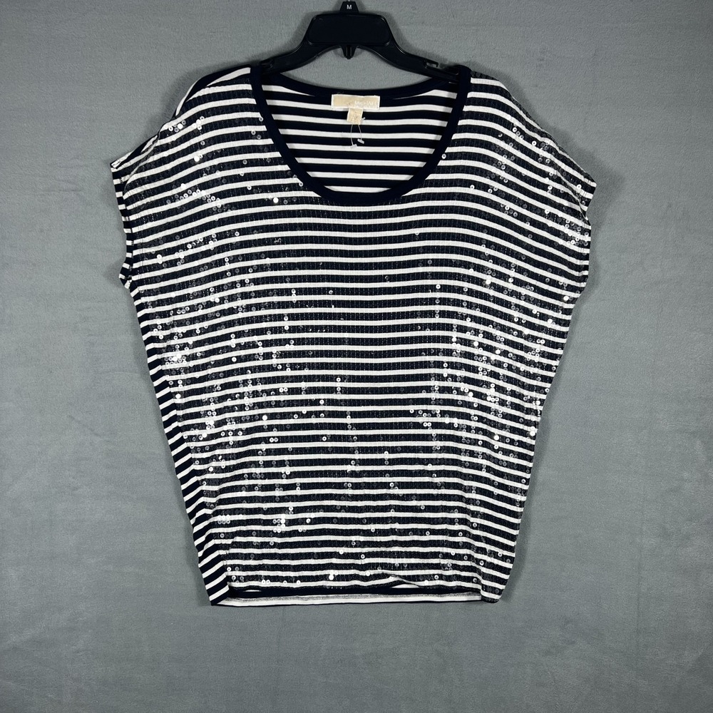 Michael Kors Women's L Black White Striped Sequin Dolman Sleeve Top Blouse